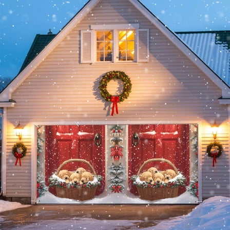 Winter Christmas Garage Door Banner Covers, Golden Retriever Basket Red Front Door Large Hanging Indoor/Outdoor Backdrop Background for Christmas Winter Party Decor, 6x13 FT