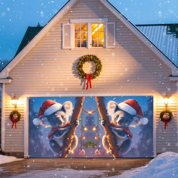 Winter Christmas Garage Door Banner Covers, Night Koala Santa Hat Xmas Coloured Lamps Large Hanging Indoor/Outdoor Backdrop Background for Christmas Winter Party Decor, 6.9x8 FT