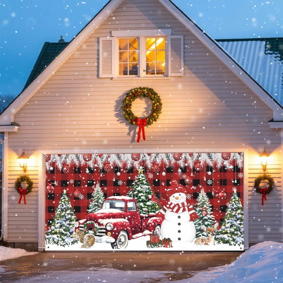 Winter Christmas Garage Door Banner Covers, Snowman Truck Christmas Ball Tree Red Plaid Large Hanging Indoor/Outdoor Backdrop Background for Christmas Winter Party Decor, 6x13 FT