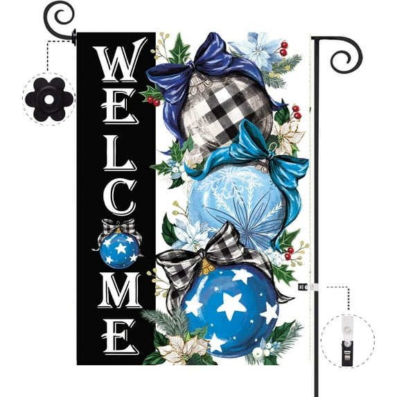 Winter Christmas Garden Flag 12.5 x 18 Inch Double Sided Burlap Blue Xmas Ball Ornament Small Yard Flag Winter Holiday Seasonal Outdoor Outside Decoration