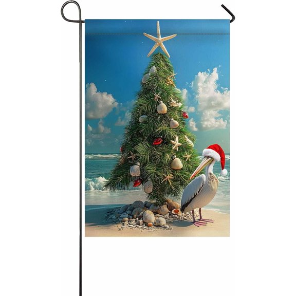 Winter Christmas Garden Flag 12x18 Inch Xmas Tree Pelican Seashell Ocean Beach Double Sided Outdoor Garden Flags Welcome House Flag Xmas Yard Flags for Outside Holiday Decoration