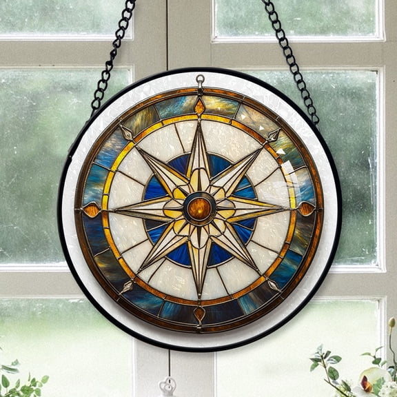 Winter Christmas Gift - Blue Eight-Pointed StarWhite Xmas Stained Glass Hanging Ornament - Cozy Cabin Holiday Tree Decor, Christmas Gift for Mom, Dad, Friends, Family