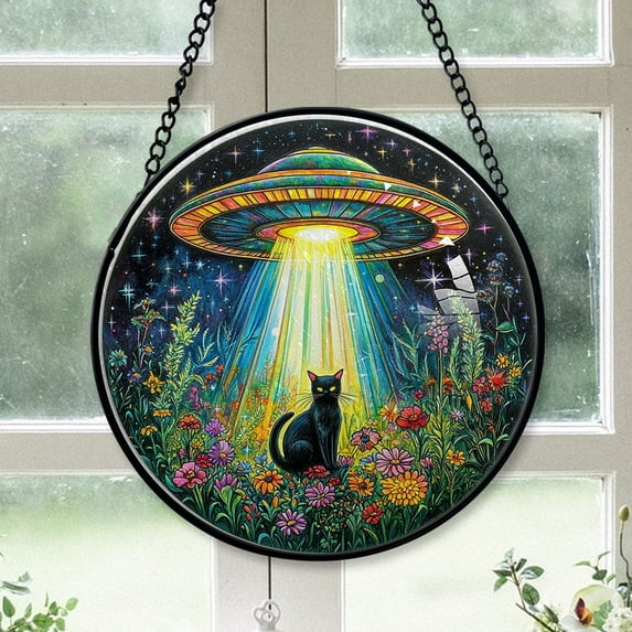 Winter Christmas Gift - Cat UFO Abduction Galaxy Botanical Stained Glass Hanging Ornament - Christmas Tree Decor, Winter Holiday Gift for Family, Friends, Mom & Dad, Collectible 2025