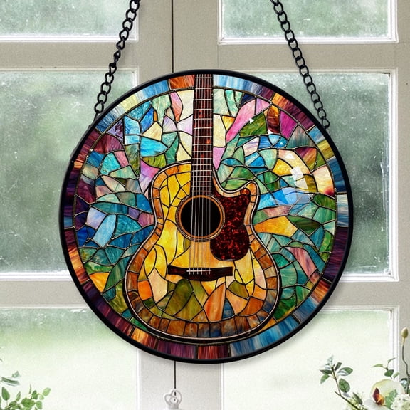Winter Christmas Gift - Guitar Musicals Xmas Stained Glass Hanging Ornament - Minimal Holiday Tree Decor, Christmas Gift for Mom, Dad, Friends