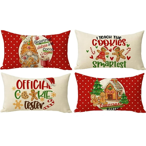 Winter Christmas Gingerbread Gnome Decorative Throw Pillow Covers, Merry Xmas Santa Tree Cocoa Cookies Polka Dots Home Decoration, Holiday Cushion Case for Sofa Couch Decor Cotton Linen 12 x 20