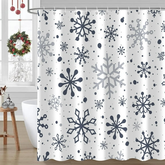 Winter Christmas Grey Snowflake Shower Curtain, Xmas New Year Flakes Frost Holiday Cloth Fabric Shower Curtains for Bathroom Decor Polyester Waterproof Set with 12 Hooks, 72x72 inches