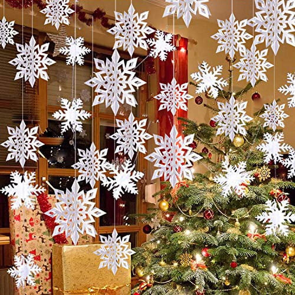 Winter Christmas Hanging Snowflake Decorations - 12Pcs Snowflakes Garland &  12Pcs 3D Glittery Large White Snowflake For Christmas Winter Wonderland