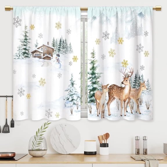 Winter Christmas Holiday Kitchen Forest Bathroom Window Treatment Drapes Pine Tree Deer Snowflake Cafe Small Bedroom Short French Door Curtains Rod Pocket 27.5x39 Inch