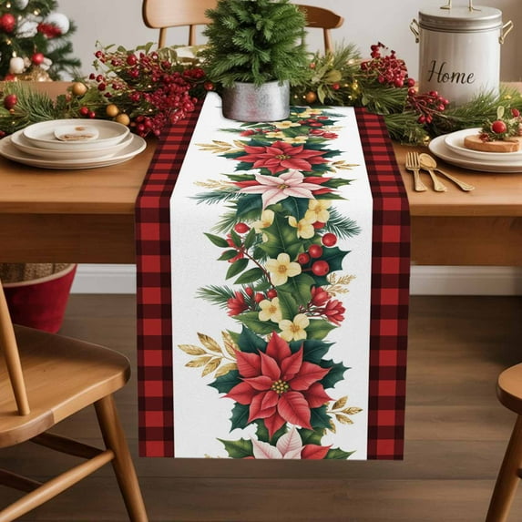Winter Christmas Holly Leaf Table Runner 13x70in Non-Slip Cotton Linen Table Runners, Red Black Plaid Dresser Scarves TableRunner for Dinner Kitchen Dining Wedding Party