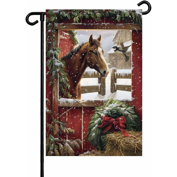 Winter Christmas Horse Red Farm Wooden Barn Garden Flags 12x18 Inch Double Sided Welcome Yard Flags for Outdoor Decor Holly Branch Leaves Yard Outside Seasonal Decoration