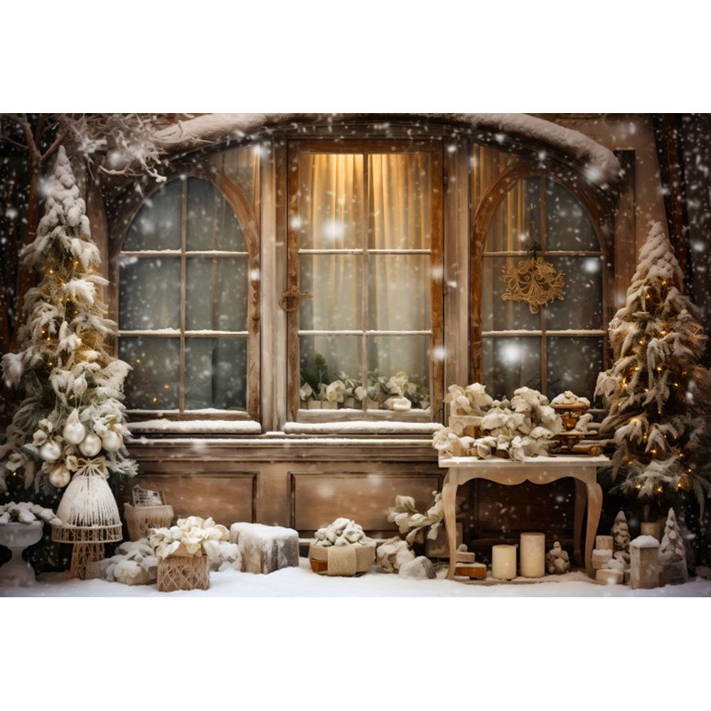 Winter Christmas Interior Backdrops Xmas Window Pine Tree Gift Sofa ...