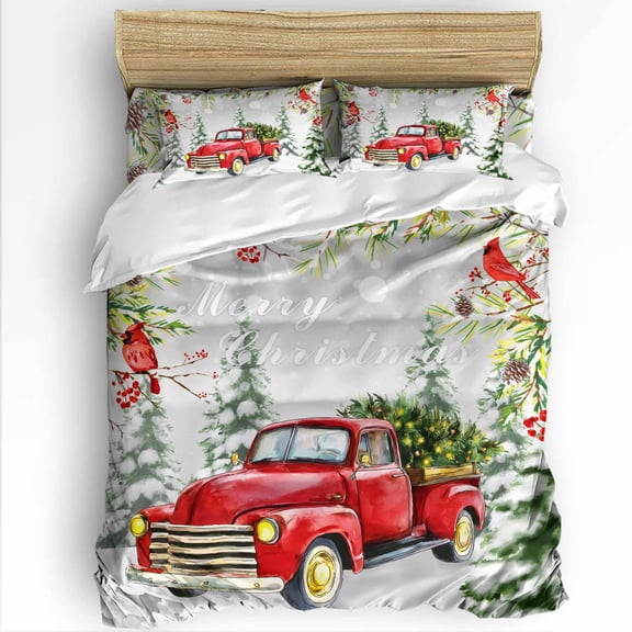 Winter Christmas King Size Comforter Set, Truck Snowflake Christmas Trees Cardinal Soft Bedding for All Seasons, 4 Pcs Bed Set with 1Comforter (90"x106") ,1 Sheet(94"x116"), 2 Pillowcases (19"x35")