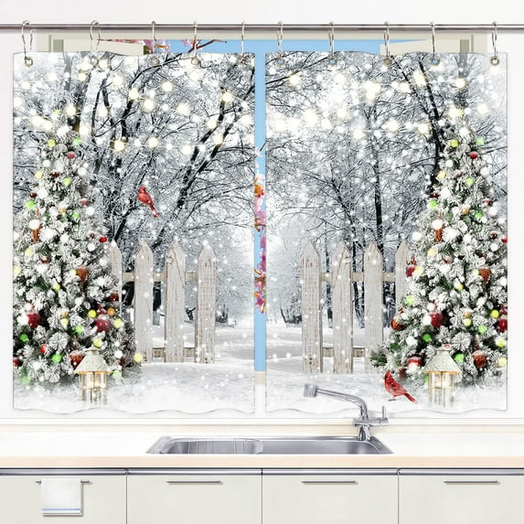 Winter Christmas Kitchen Curtains, Snow Forest Landscape Curtains Panels, New Year Xmas Tree Snow Window Drapes Curtains 2 Panels with Hooks (42X45in)