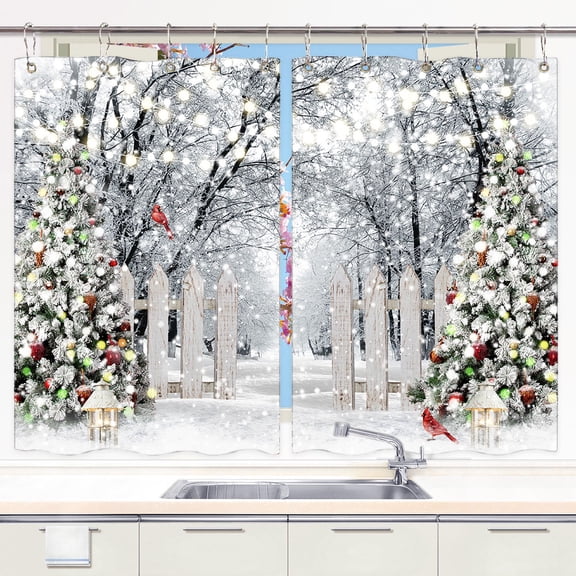 Winter Christmas Kitchen Curtains, Snow Forest Landscape Curtains Panels, New Year Xmas Tree Snow Window Drapes Curtains 2 Panels with Hooks (42X45in)