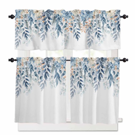 Winter Christmas Kitchen Curtains and Valances Set, Blue Floral Eucalyptus Leaves Rod Pocket Window Valance 18 Inch Window Curtain Panels for Living Room Bedroom Laundry, 27.5x36in, 3 Pieces