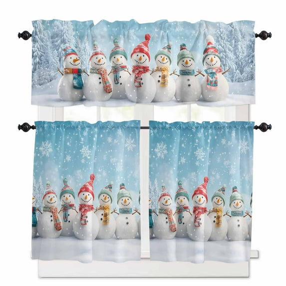 Winter Christmas Kitchen Curtains and Valances Set, Colored Snowman Snowflake Sky Blue Rod Pocket Window Valance 18 Inch Window Curtain Panels for Living Room Bedroom Laundry, 27.5x36in, 3 Pieces