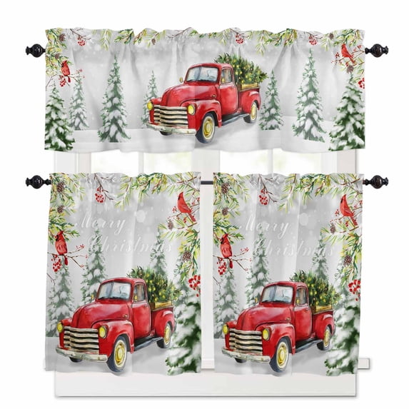 Winter Christmas Kitchen Curtains and Valances Set, Truck Snowflake Christmas Trees Cardinals Rod Pocket Window Valance Window Curtain Panels for Living Room Bedroom Laundry, 27.5x36in, 3 Pieces