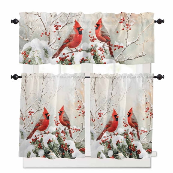 Winter Christmas Kitchen Curtains Valances and Tiers Set of 3 Cardinal Bird Red Berry Pine Leaves Tier Curtains and Valance Rod Pocket Valance Curtains Set for Windows 27.5"W x 24"L