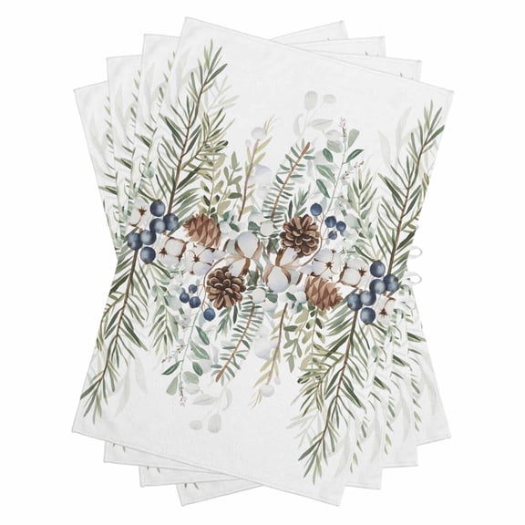 Winter Christmas Kitchen Towels Dish Towel Pack of 4 Pine Leaves Blue Berry Hazelnut Cotton Soft Dish Cloth Set Absorbent Dishcloth for Drying Dishes, Hand Towels 18 x 28 Inches