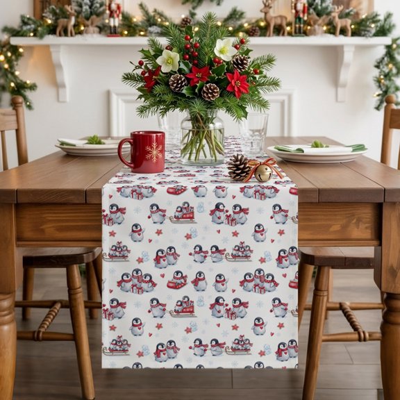 Winter Christmas Penguins Sleds Table Runner 36 Inches Long, Seamless Stars Table Runners Tabletop Scarf Kitchen Dining Tables Decoration for Home Party Indoor Outdoor
