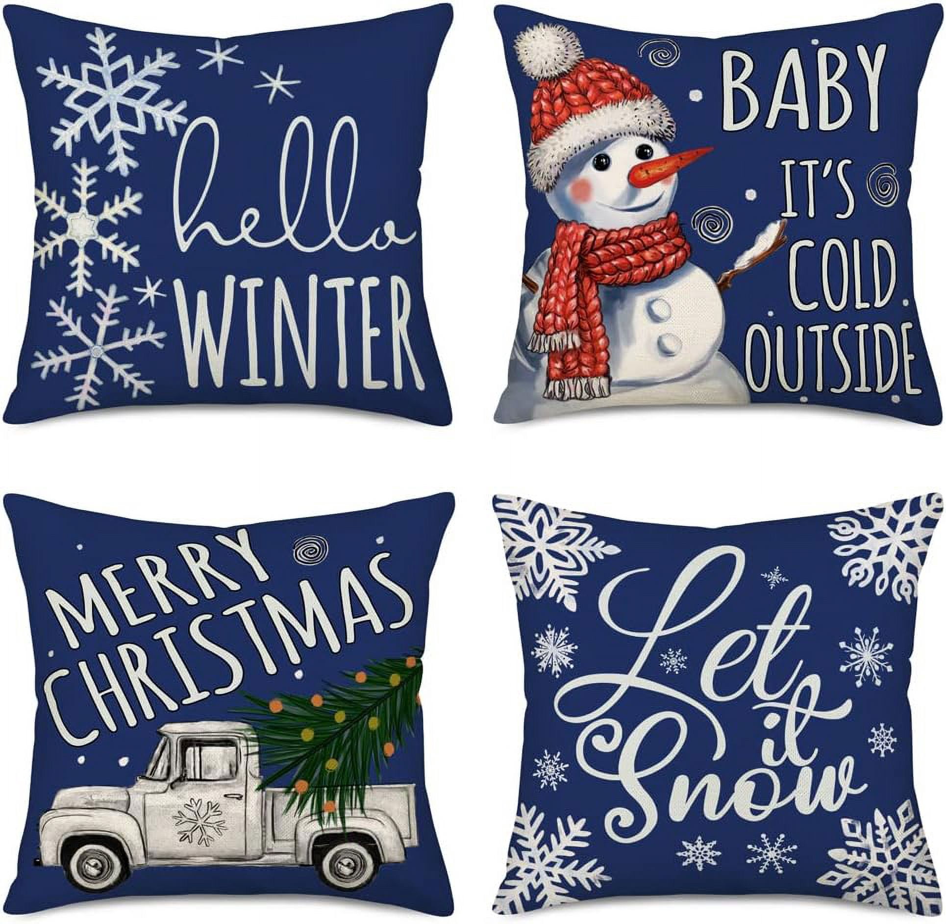 Winter Christmas Pillow Covers 18x18 Inch Silver Truck Snowflake with Blue Farm Xmas Tree Snowman Baby It’s Cold Outside Let it Snow Throw Pillow Cases New Year Decor Set of 4 Cushion Cover