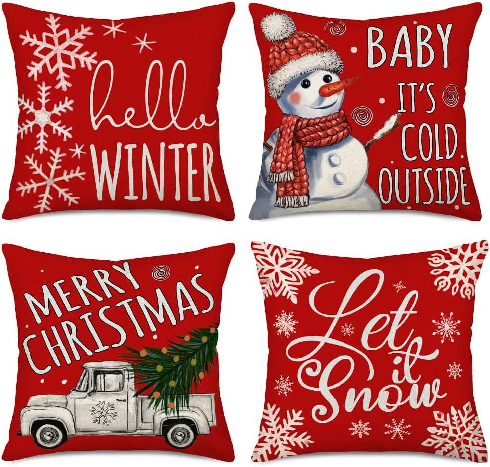 Winter Christmas Pillow Covers 20x20 Inch Silver Truck Snowflake with Red Farm Xmas Tree Snowman Baby It‘s Cold Outside Let it Snow Throw Pillow Cases New Year Decor Set of 4 Cushion Cover