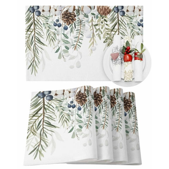 Winter Christmas Placemats Set of 2 Pine Leaves Blue Berry Hazelnut Cotton Heat Insulation Washable Place Mats, Rustic Non-Slip Table Mats for Dining Table Party Kitchen Decor,13x19 Inch