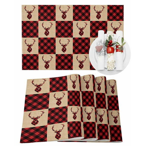Winter Christmas Placemats Set of 6 Elk Red and Black Plaid Vintage Heat Insulation Washable Place Mats, Rustic Non-Slip Table Mats for Dining Table Party Kitchen Decor,13x19 Inch
