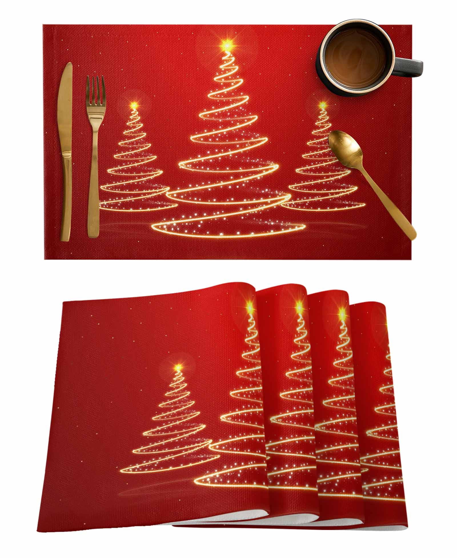 Winter Christmas Placemats Set of 8 Abstract Lights Tree Red Background Heat Insulation Washable Place Mats, Rustic Non-Slip Table Mats for Dining Table Party Kitchen Decor,13x19 Inch
