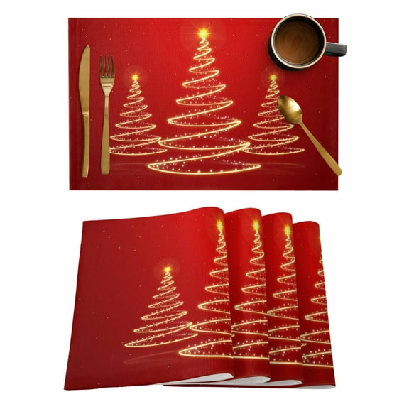 Winter Christmas Placemats Set of 8 Abstract Lights Tree Red Background Heat Insulation Washable Place Mats, Rustic Non-Slip Table Mats for Dining Table Party Kitchen Decor,13x19 Inch