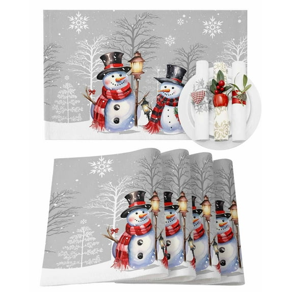 Winter Christmas Placemats Set of 8 Hat Snowman Elf Heat Insulation Washable Place Mats, Rustic Non-Slip Table Mats for Dining Table Party Kitchen Decor,13x19 Inch