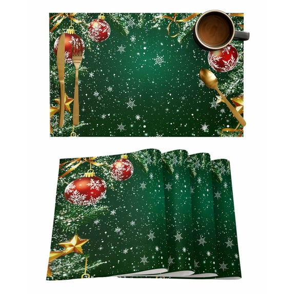 Winter Christmas Placemats Set of 8 Red Ball Ribbon Snowflake Pine Branch Heat Insulation Washable Place Mats, Rustic Non-Slip Table Mats for Dining Table Party Kitchen Decor,13x19 Inch