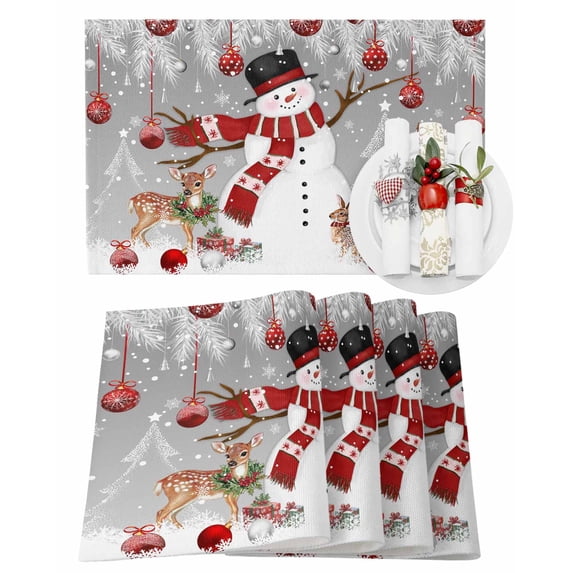 Winter Christmas Placemats Set of 8 Snowman Red Christmas Ball Pine Leaves Gray Style Heat Insulation Washable Place Mats, Rustic Non-Slip Table Mats for Dining Table Party Kitchen Decor,13x19 Inch
