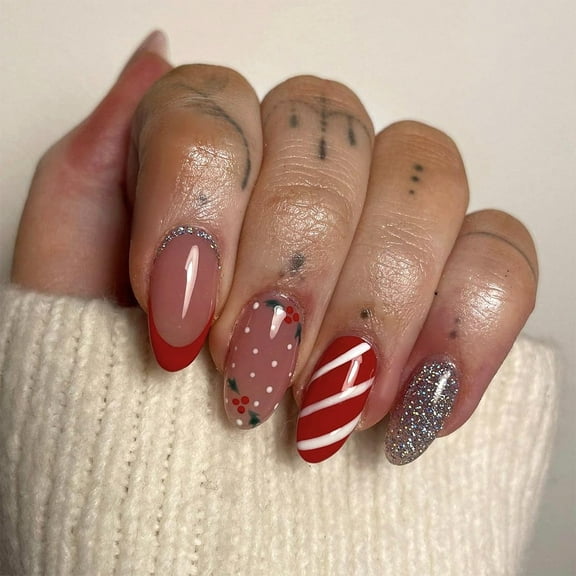 Winter Christmas Press on Nails Medium Almond Fake Nails Red Bow Acrylic Glue on Nails Glossy Xmas Holiday Stick on Nails for Women DIY Manicure Multicolor Christmas Design 1076