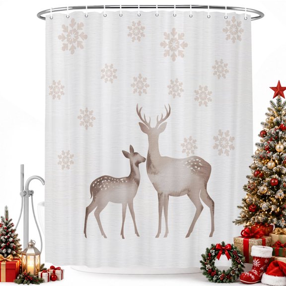 Winter Christmas Reindeer Shadow Shower Curtain for Bathroom, Snowflakes on Ivory Waterproof Shower Curtains Washable Quick Dry with Hooks Bathtub Curtains 36x72IN
