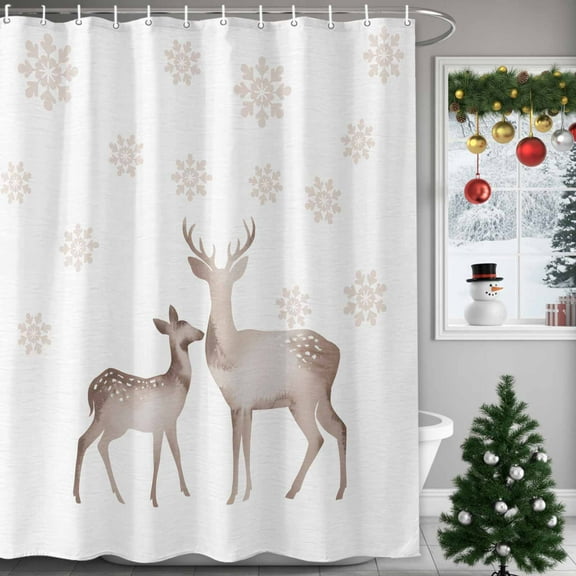 Shower Curtains Sets for Bathroom Decor Winter Christmas Reindeer Shadow Waterproof Bathroom Curtain with Hooks, Snowflakes on Ivory for Bathroom Decor,72x72IN