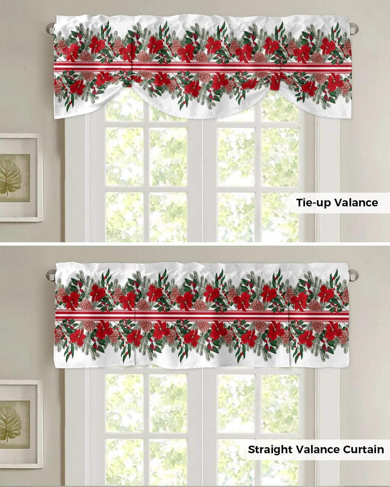 Winter Christmas Retro Red Pattern Window Curtain Living Room Kitchen