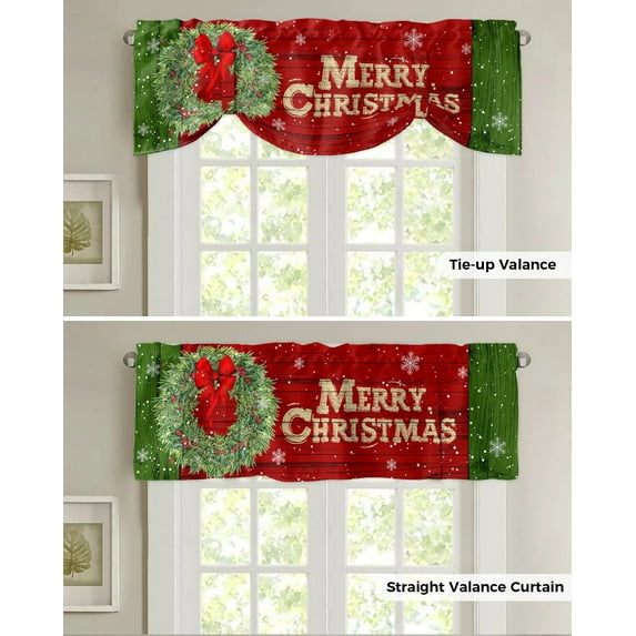 Winter Christmas Retro Red Pattern Window Curtain Living Room Kitchen Cabinet Tie-up Valance Curtain Rod Pocket Valance