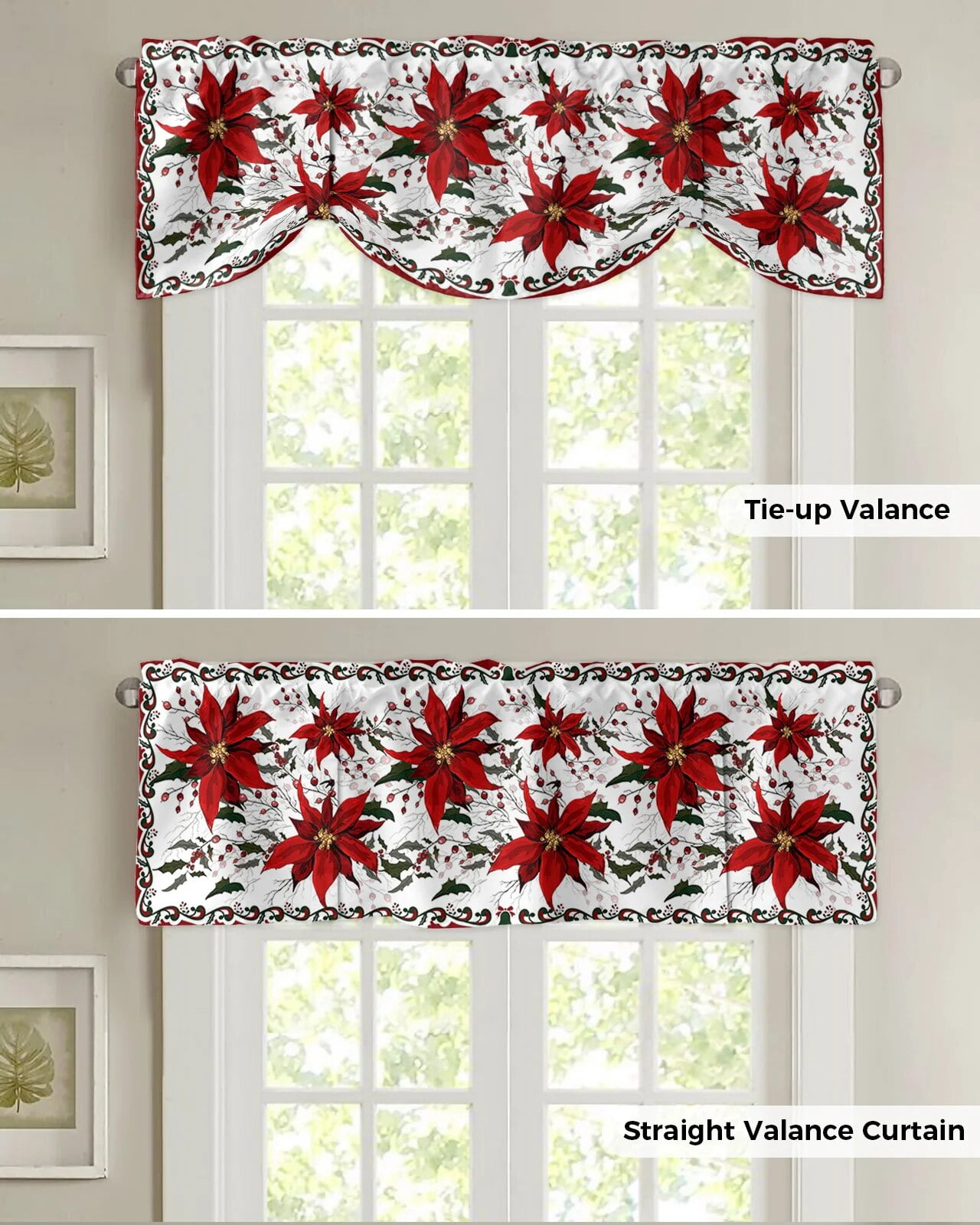Red Christmas Valances For Kitchen Windows, Poinsettia Flower Snowman Decor Valance Rod Pocket Window Curtain For Bathroom Cafe Basement, Farmhouse Small Window Treatment, 54" W X 18" L