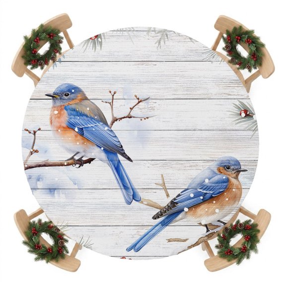Winter Christmas Robins Bird on Branch Fitted Tablecloth for 36-44in Round Tables,Waterproof Table Cover,Pine Needle on Wooden Elastic Edge Table Cloths for Dining Kitchen Holiday Party Decor