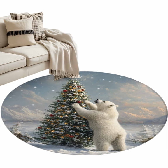 Winter Christmas Round Area&nbsp;Rug 3ft Tree Polar Bear Snowy Scene Non-Slip&nbsp;Washable Circle Rugs Soft Felt Indoor Floor Mat for Bedroom Kitchen Living Room Bathroom