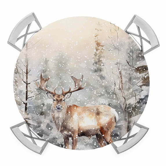 Winter Christmas Round Tablecloth for 45-54 Inch Tables, Fitted Table Cover with Elastic Edge, Forest Snowy Elk Pine Tree Waterproof Outdoor Table Cloth Protector for Patio Garden Dinner Picnic