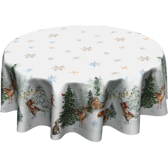 Winter Christmas Round Tablecloth 60 Inch,Xmas Snowland Forest Deer Pine Tree Reusable Washable Fabric Tabletop Cover for Holiday Party Wedding Picnic Home Outdoor Decor