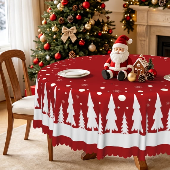 Winter Christmas Round Tablecloth 60 Inch,Xmas Tree Washable Table Cover for Holiday Dining Kitchen Party Decor