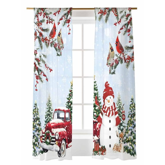 Winter Christmas Sheer Curtains 108 Inch Long 2 Panels, Snowman Truck Berry Cardinal Bird Blue Light Filtering Rod Pocket Semi Sheer Curtains, Sheer Voile Drapes for Living Room Bedroom, 52"x108"