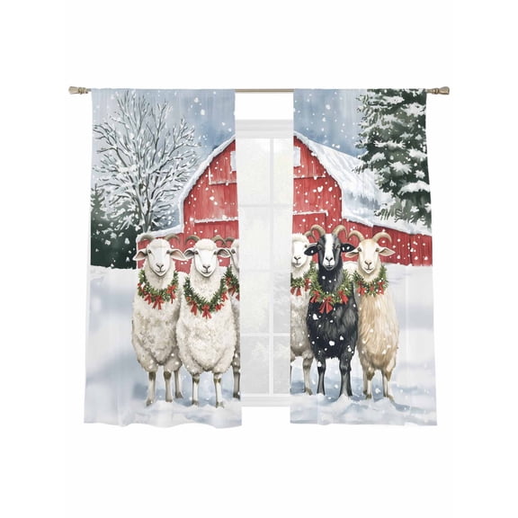 Winter Christmas Sheer Curtains 2 Panels Set, Goat Red Farmhouse Snowy Window Sheer Curtains for Living Room/Bedroom, Light Filtering Rod Pocket Voile Drapes, 52" W x 72" L