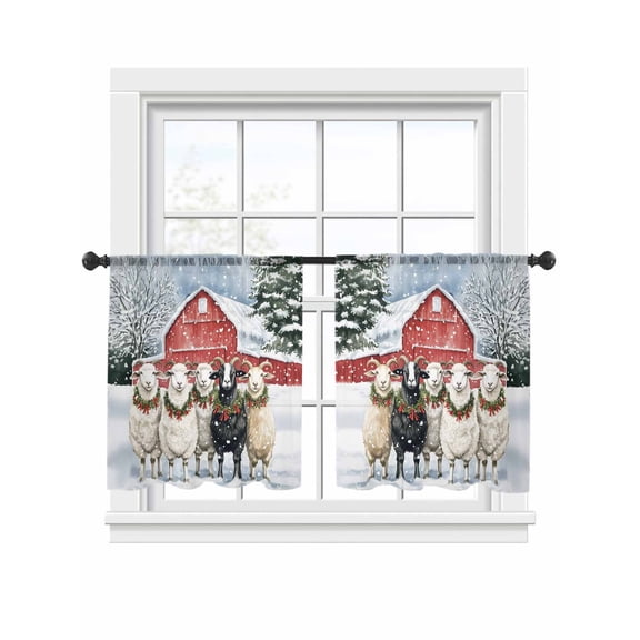 Winter Christmas Sheer Curtains 45 inches Long 2 Panels Set Goat Red Farmhouse Snowy Tiers Sheers Rod Pocket Small Window Short Curtains for Kitchen Cafe, Each 52" W x 45" L