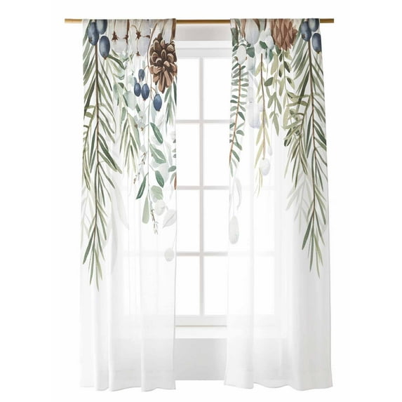 Winter Christmas Sheer Curtains 96 Inch Long 2 Panels, Pine Leaves Blue Berry Hazelnut Cotton Light Filtering Rod Pocket Semi Sheer Curtains, Sheer Voile Drapes for Living Room Bedroom, 52"x96"