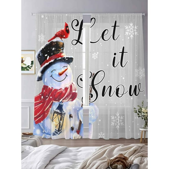 Winter Christmas Sheer Curtains 96 inches Long 2 Panels Set Cardinal Bird Snowman Tiers Sheers Rod Pocket Small Window Short Curtains for Kitchen Cafe, Each 52" W x 96" L