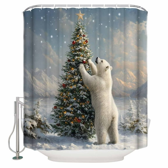 Winter Christmas Shower Curtain, 36" x 72", Tree Polar Bear Snowy Scene Waterproof Bathroom Curtain Washable Shower Curtain Set with 12 Hooks